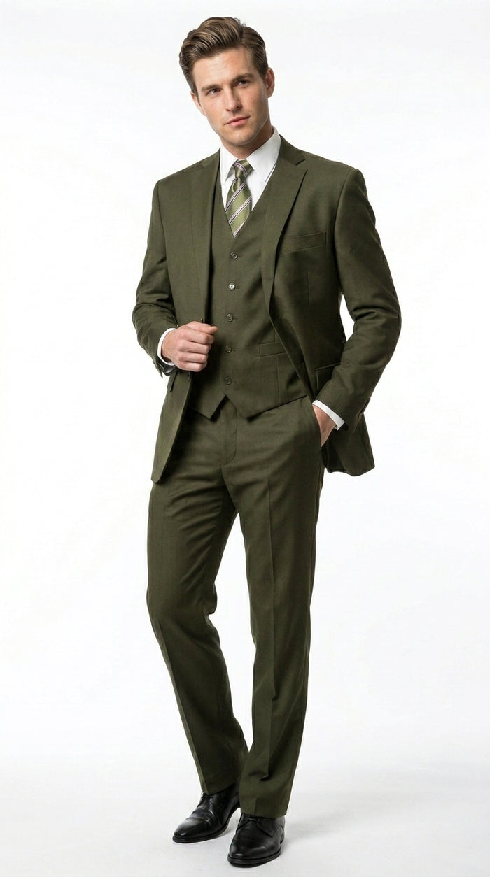 Men’s Olive 3 Piece Suit with Blazer, Vest and Pants, Formal Wedding Business Dress Suit