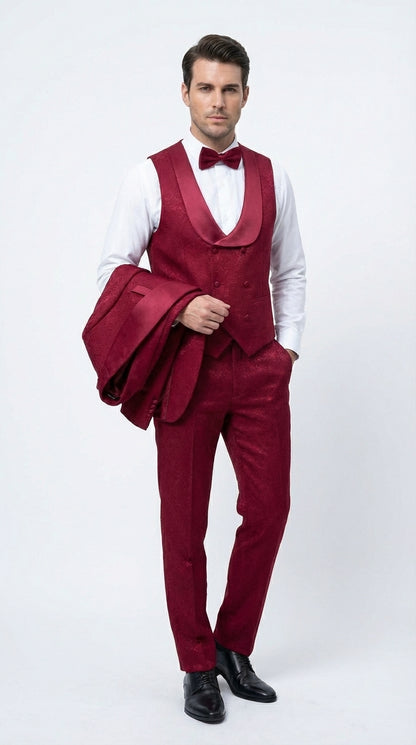 Mens Burgundy Wedding Tuxedo Suit – Paisley Three Piece Formal Suit Set with Shawl Lapel for Groom, Prom