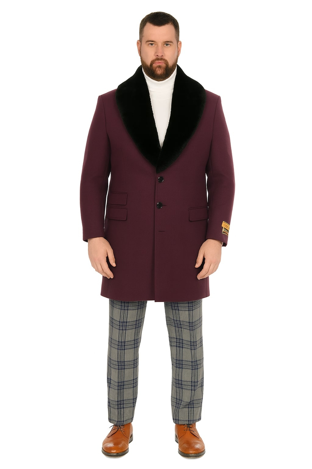 Mens Purple Pimp Coat - Overcoat with Black Faux Fur Collar – Luxury Winter Dress Coat for Formal and Casual Wear