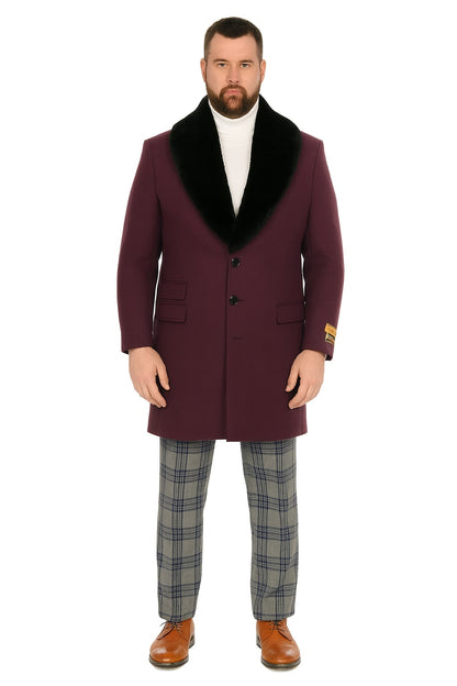 Mens Purple Pimp Coat - Overcoat with Black Faux Fur Collar – Luxury Winter Dress Coat for Formal and Casual Wear