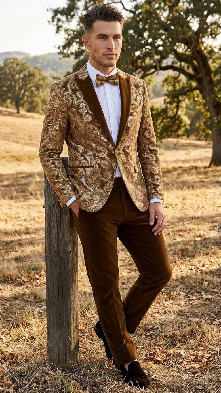 Men’s Brown Tuxedo dinner Jacket Blazer – Jacket for Formal Paisley Pattern Coffee Mocca Color + Bowtie