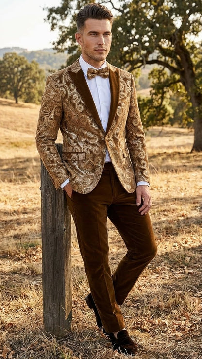 Men’s Brown Tuxedo dinner Jacket Blazer – Jacket for Formal Paisley Pattern Coffee Mocca Color + Bowtie