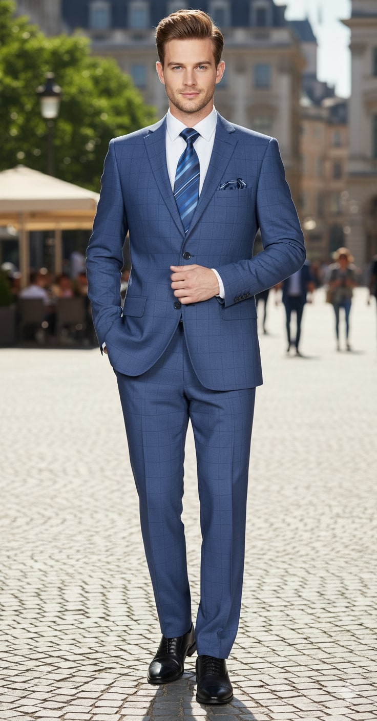 Mens Indigo Navy Blue Windowpane Check Suit – Classic 2-Piece Formal Business and Wedding Wear Set in Cobalt Blue - Image 5