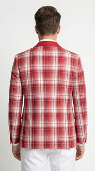 Mens Tartan Red and White Plaid Blazer – Check Pattern Sport Coat Red Shawl Lapel Party Christmas Holiday New Year