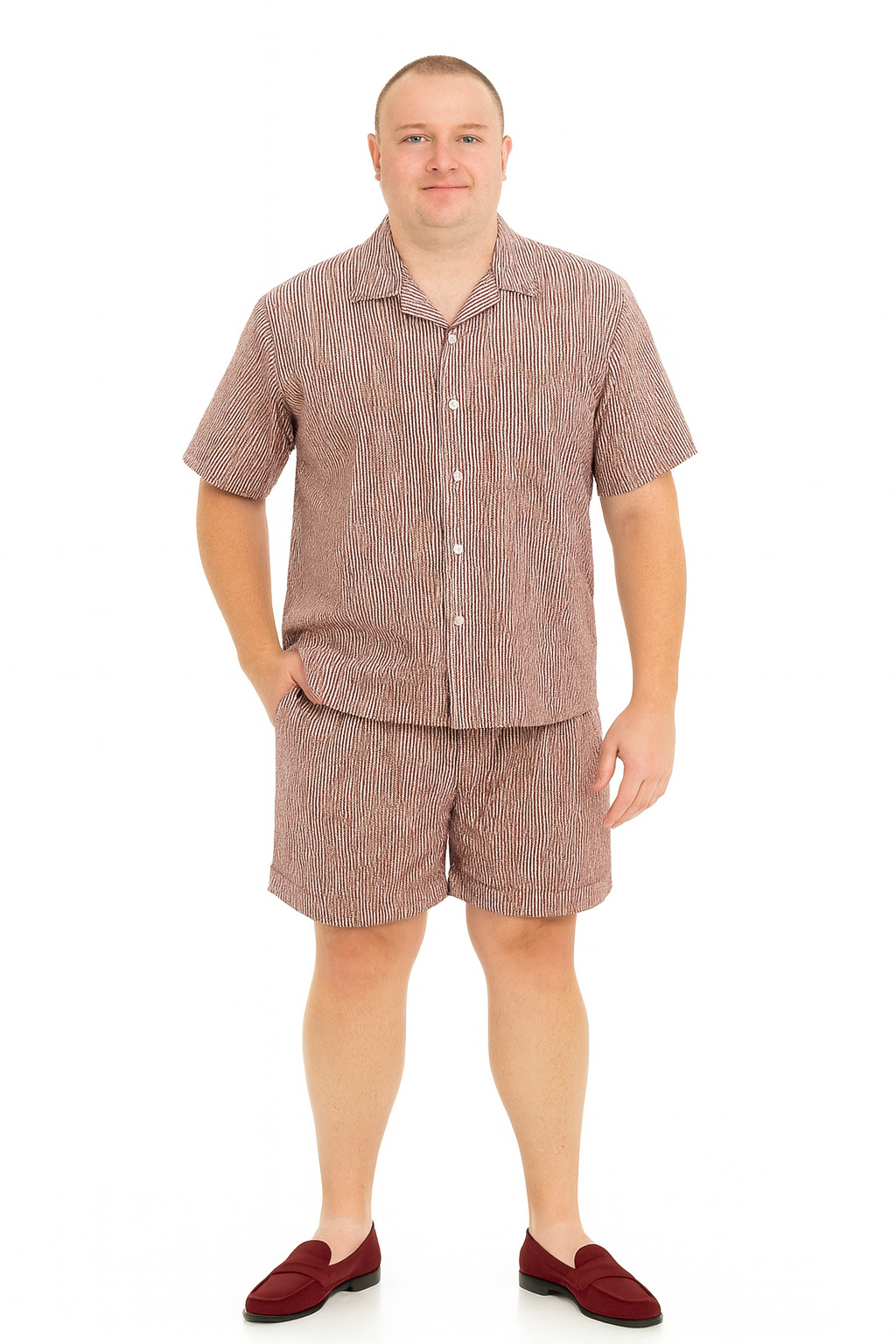 Men’s Burgundy Reddish Seersucker Short Set Walking Suit – Two-Piece Cuffed Shorts with Expandable Waist