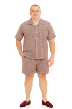 Men’s Burgundy Reddish Seersucker Short Set Walking Suit – Two-Piece Cuffed Shorts with Expandable Waist