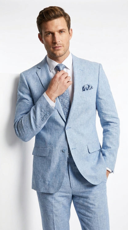 Men’s Light Blue Linen Summer Suit – Two Button Blazer with Elbow Patch Sleeves