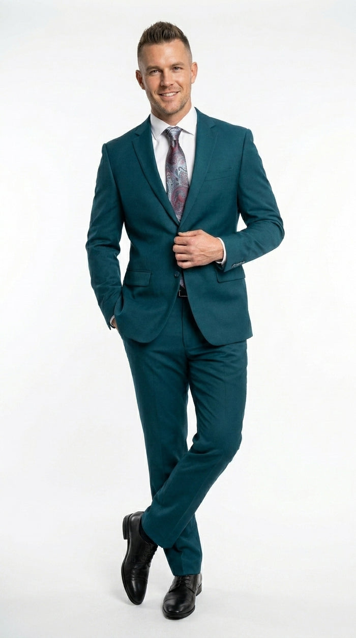 Discounted Sale Clearance Men's Two Buttons Dark Teal 2-piece suit Flat Front Pants