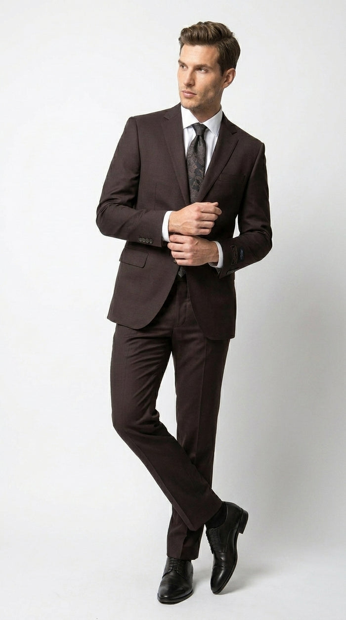 Men’s Tiglio Italian Brown Suit with Two Button Blazer and Matching Pants, Formal Business Wedding Suit