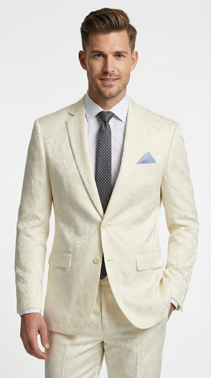 Men’s Ivory Paisley Shiny Suit – Flroal Formal Wedding and Prom Suit for Party, in Cream Off White Modern Fit