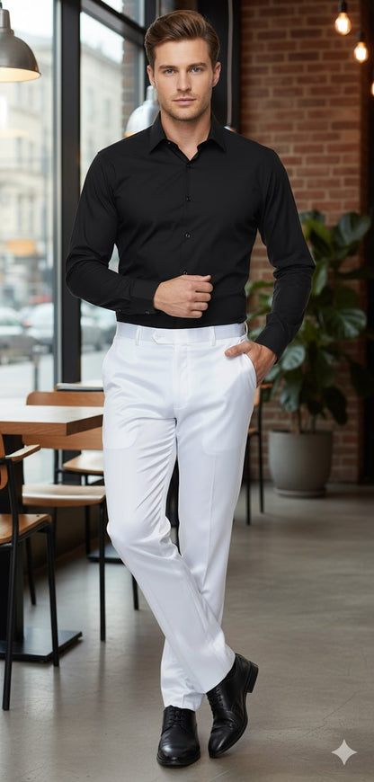 Mens White Satin Slim Fit Dress Pants – Shiny Formal Party and Wedding Trousers White / Dress Size Pants: 32 Unfinished Bottom