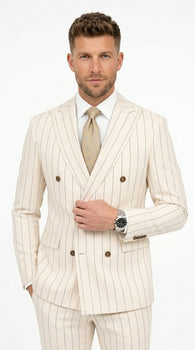 Men’s Cream Off White Pinstripe Linen Pinstripe 2 Piece Double Breasted Suit, Summer Wedding Ivory Color By Vitali