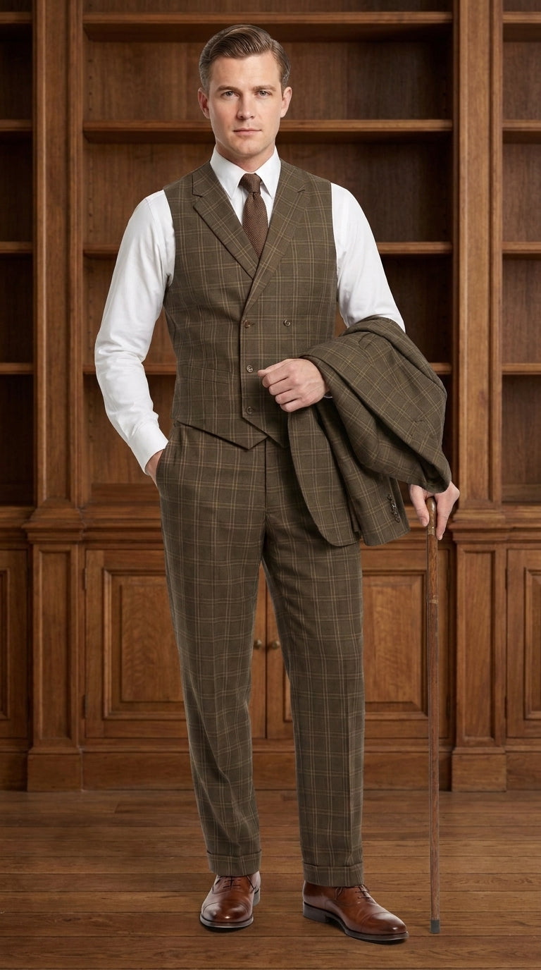 Men’s 1930s Brown Plaid 3 Piece Suit, Vintage Formal Wedding Business Dress Suit Set  Modern Fit