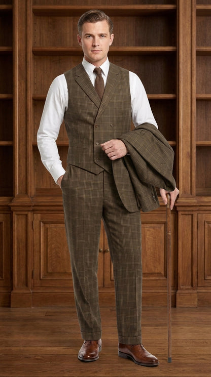 Men’s 1930s Brown Plaid 3 Piece Suit, Vintage Formal Wedding Business Dress Suit Set  Modern Fit