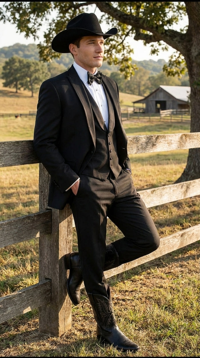 Black Western Tuxedo for Men | Classic Three Piece Formal Wedding Peak Lapel with Trim Collar Cowboy Suit - Image 5