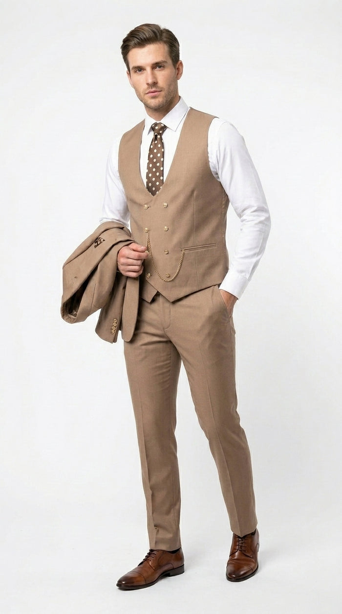 Men’s Rossiman Tan Suit with Gold Buttons, Peak Lapel Jacket and Double Breasted Vest Modern Fit
