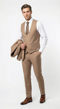 Men’s Rossiman Tan Suit with Gold Buttons, Peak Lapel Jacket and Double Breasted Vest