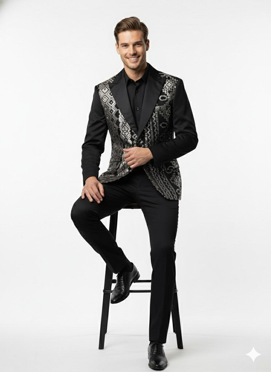 Mens Black and White and Silver Sequin Embroidered Blazer – Luxury Designer Party Wear with Geometric Detailing - Image 5