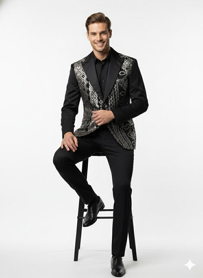 Mens Black and White and Silver Sequin Embroidered Blazer – Luxury Designer Party Wear with Geometric Detailing - Image 5