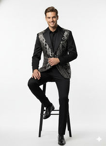 Mens Black and White and Silver Sequin Embroidered Blazer – Luxury Designer Party Wear with Geometric Detailing