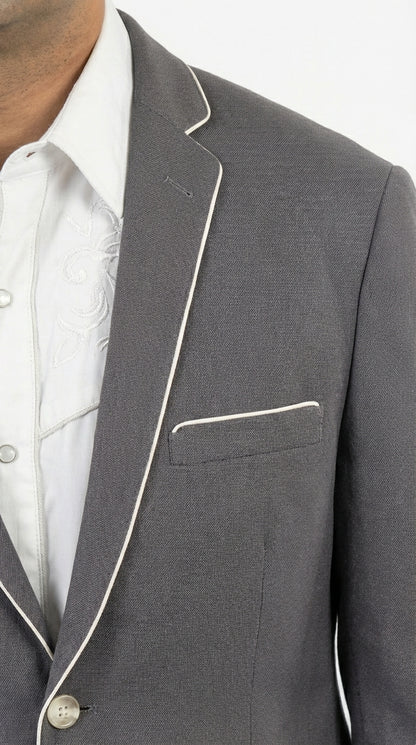 Mens Grey and White Trim Western Blazer – Classic Fit Cowboy Style Contrast Trim Dress Jacket