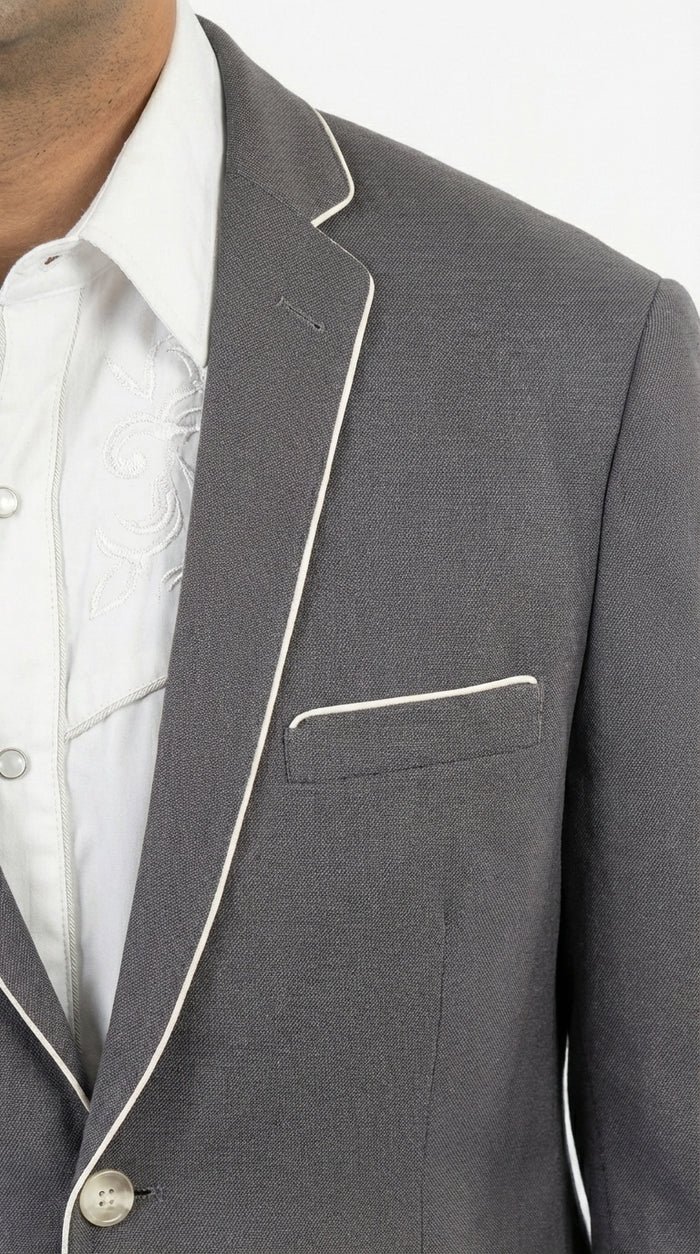 Mens Grey and White Trim Western Blazer – Classic Fit Cowboy Style Contrast Trim Dress Jacket