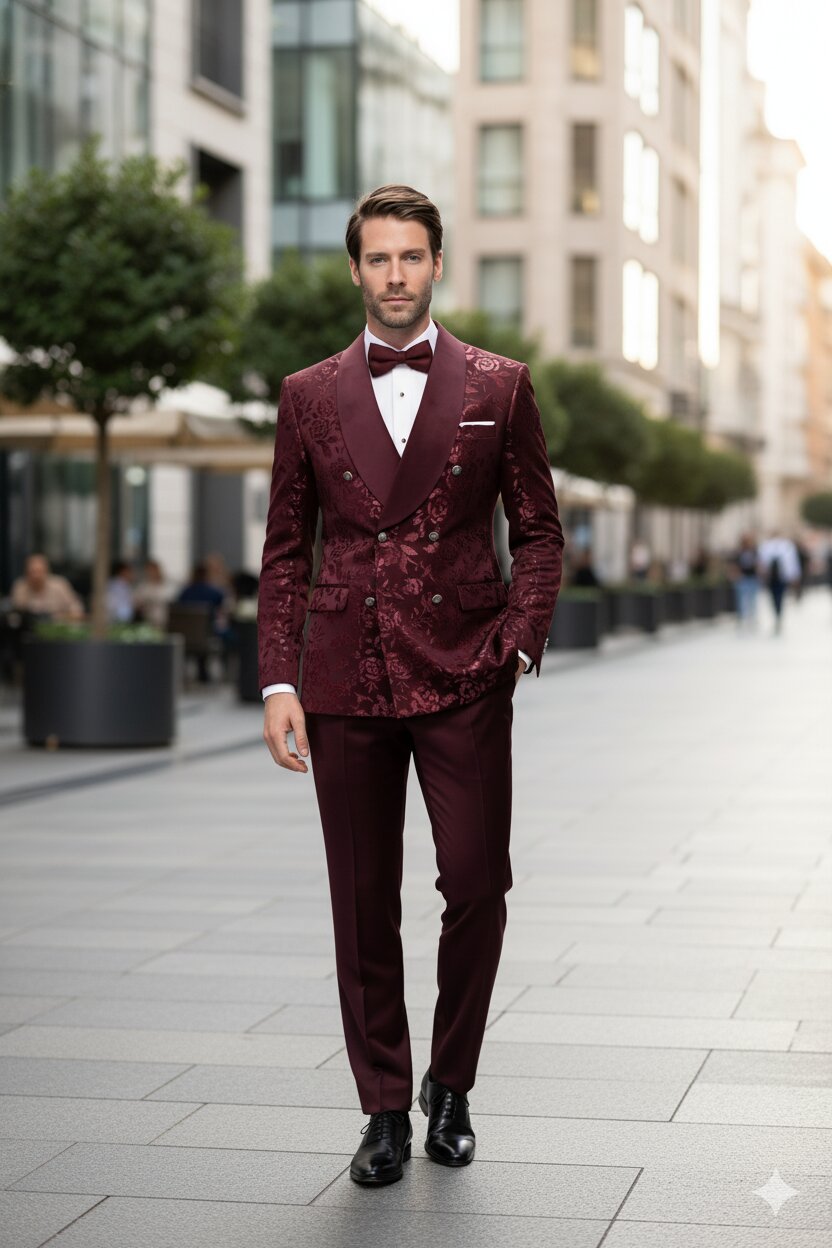 Men’s Burgundy Floral Jacquard Tuxedo Dinner Jacket – Paisley Velvet Lapel Formal Wear for Wedding and Prom
