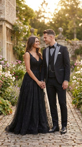 Men’s Black And White Lapel 3 Piece Tuxedo Suit with Silver Gray Satin Lapel | Formal Wedding Prom Suit Set