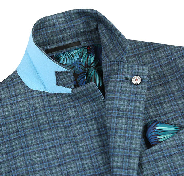 Half Canvas Slim Fit Blazer in Green Blue Check - Image 5