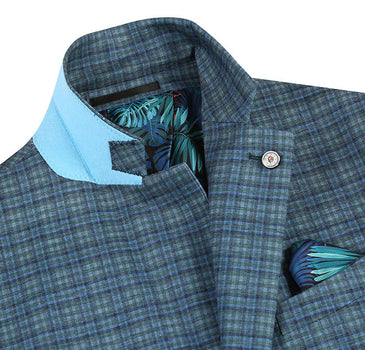 Half Canvas Slim Fit Blazer in Green Blue Check - Image 5