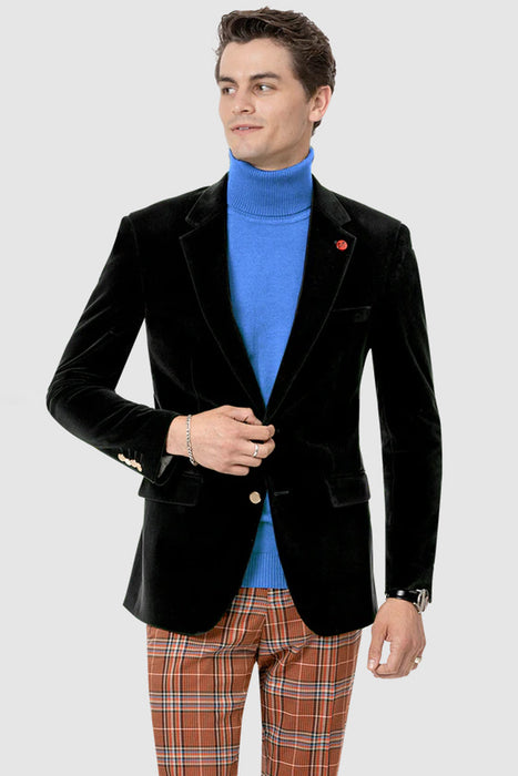 Mens Black Blazer - Mens Two Button Modern Fit Velvet Blazer in Black