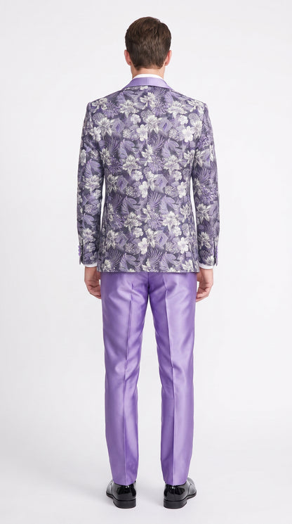 Men’s Lilac Lavender Prom Suit – Floral Shawl Lapel 3 Piece Tuxedo with Matching Vest and Pants