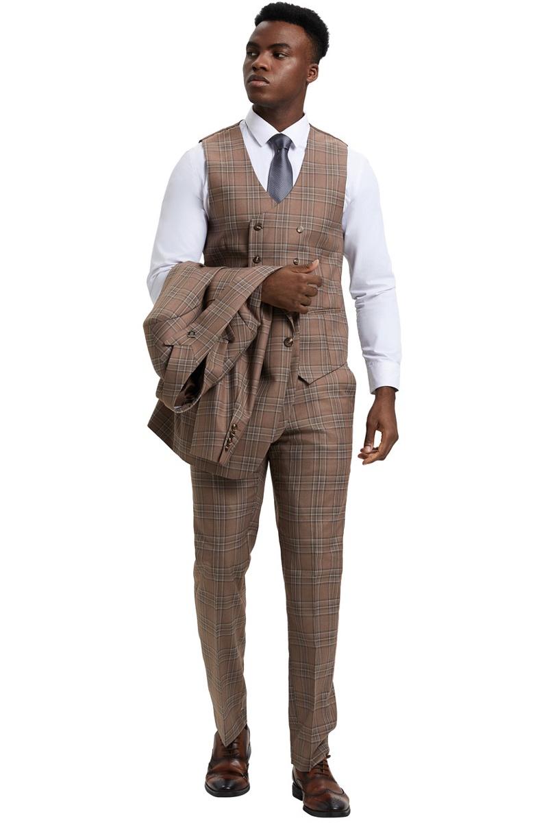 Men's Stacy Adams One Button Peak Lapel Double Breasted Vest Suit in Light Brown Plaid - Image 4