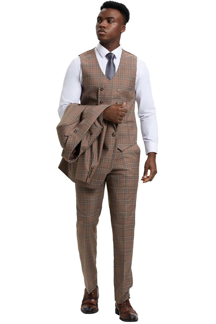 Men's Stacy Adams One Button Peak Lapel Double Breasted Vest Suit in Light Brown Plaid - Image 4