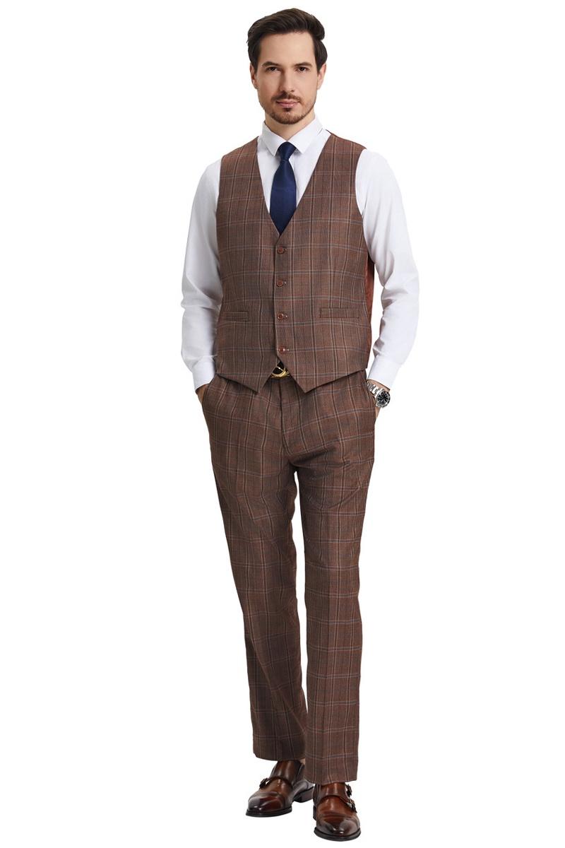 Men's Stacy Adams Vested Modern Fit Windowpane Plaid Suit in Light Brown - Image 3
