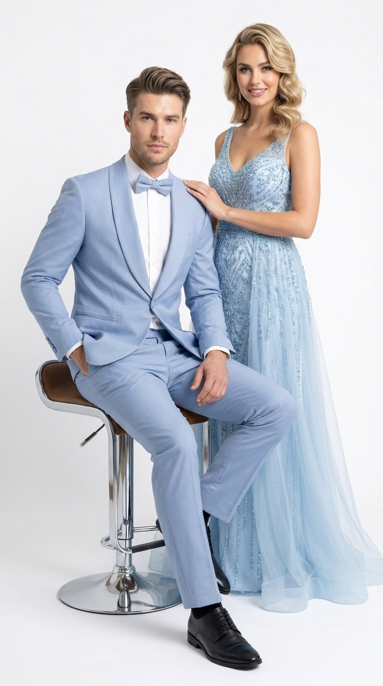 Men’s Powder Blue 3 Piece Tuxedo Suit – Light Blue Shawl Lapel Wedding Prom Suit with Vest