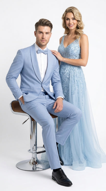 Men’s Powder Blue 3 Piece Tuxedo Suit – Light Blue Shawl Lapel Wedding Prom Suit with Vest