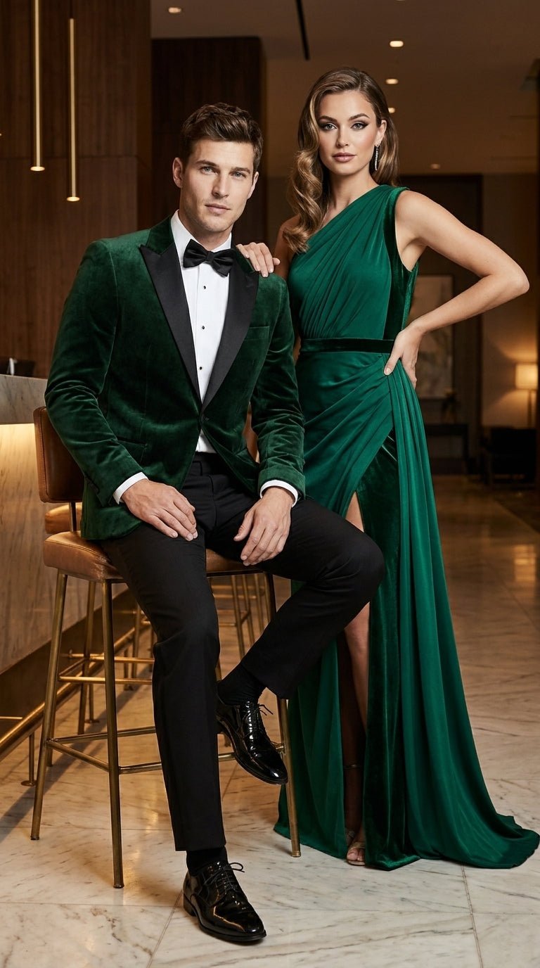 Men’s Olive Green Velvet Tuxedo Dinner Jacket – Black Satin Peak Lapel Formal Prom Wedding Blazer