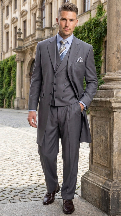 Men’s Grey 4-Button Zoot Suit – Four Buttons 3-Piece Fashion Suit with Double-Breasted Vest and Pleated Pants