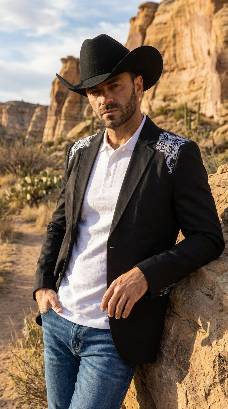 Men’s Black & White Western Blazer – Cowboy Sport Coat with Embroidered Shoulder & Back Design