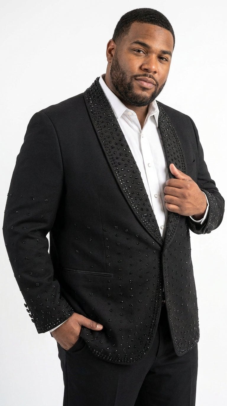 Men’s Black Western Blazer – Cowboy Tuxedo Jacket with Studded Shawl Collar with Glitter Lapel Rhinestone Lapel