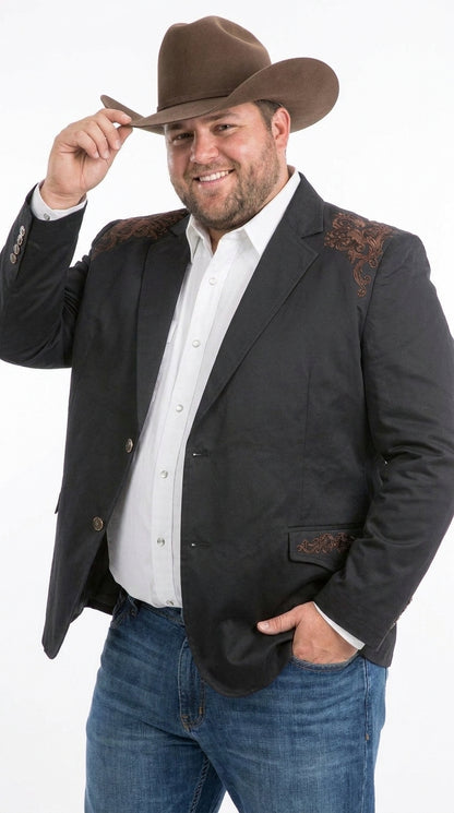 Men’s Black & Brown Western Blazer – Cowboy Sport Coat with Brown Embroidered Shoulder & Back Design