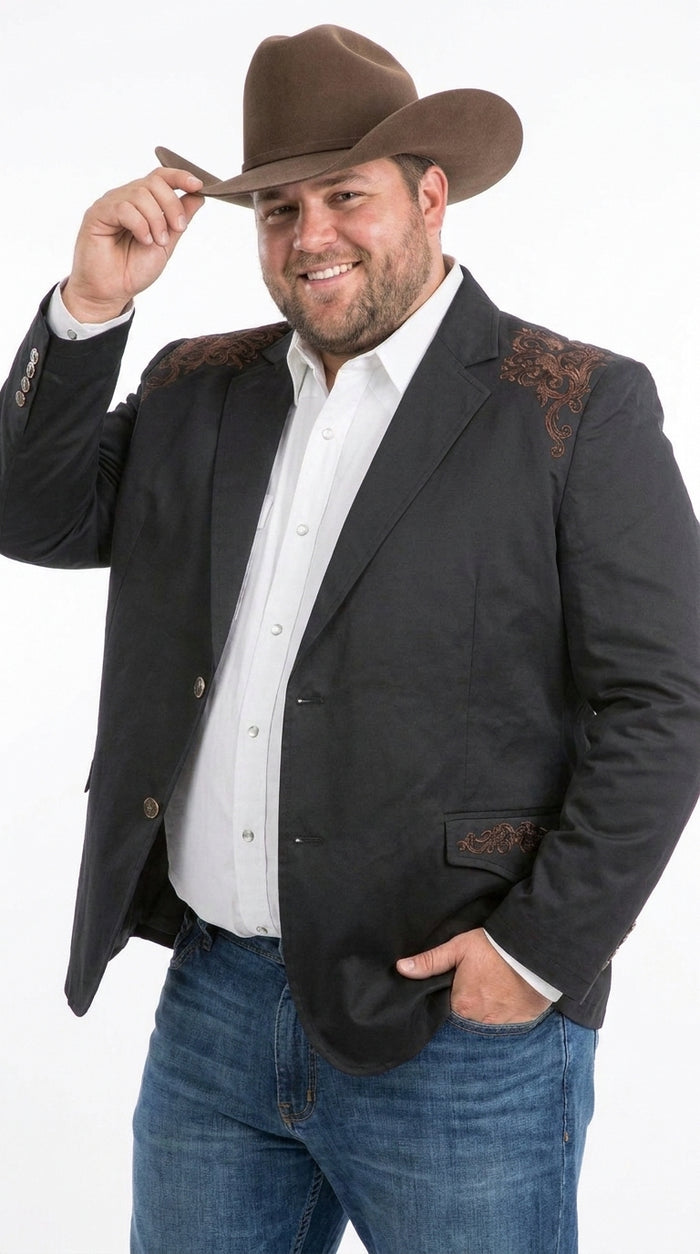 Men’s Black & Brown Western Blazer – Cowboy Sport Coat with Brown Embroidered Shoulder & Back Design