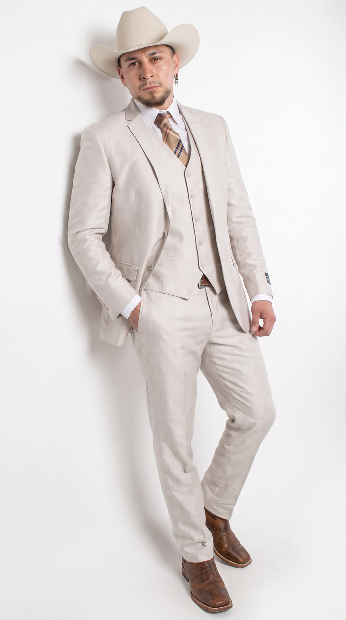 Men’s Sand champaign  Western Cowboy 3-Piece Suit – Light Cream Wedding Suit with Vest & Pants Slim Fitted