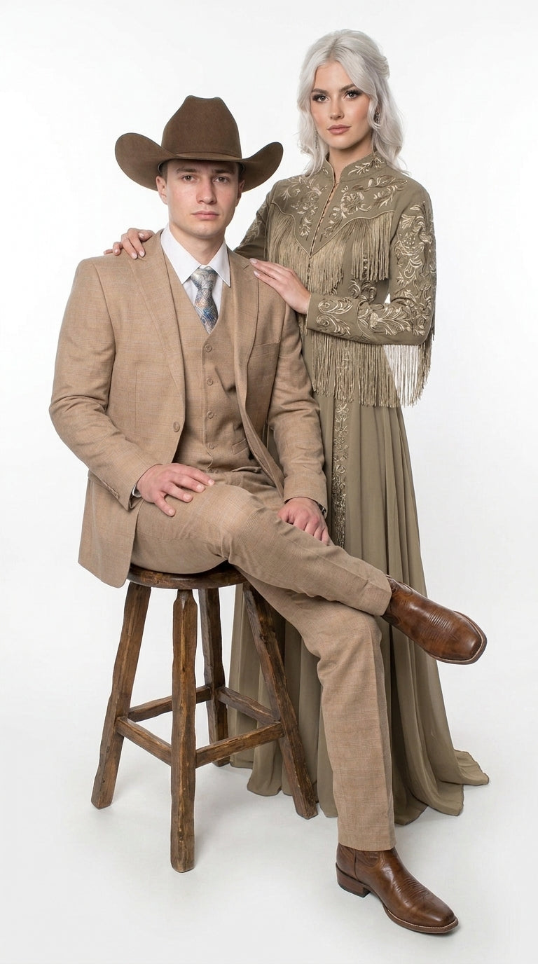 Men’s Khaki Tan Plaid Western Cowboy 3-Piece Suit – Texture Plaid windowpane Blazer, Vest & Pants