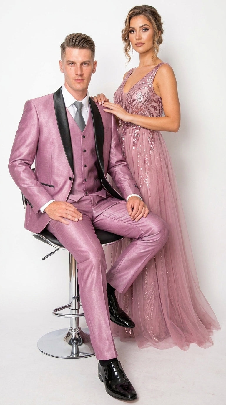 Men’s Shiny Mauve Pink 3 Piece Tuxedo – Wedding & Prom Suit with Black Shawl Lapel