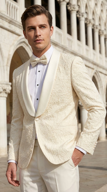 Men’s Ivory Off White Jacquard Dinner Jacket – Cream Tuxedo Blazer for Weddings & Formal Events + Bowtie included