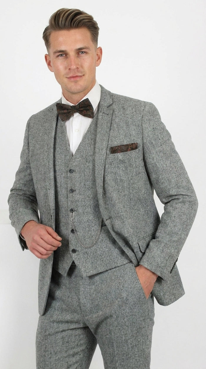 Men’s Edwardian Grey 3-Piece Suit – Dickens Downton Abbey Victorian Vintage Tweed Suit
