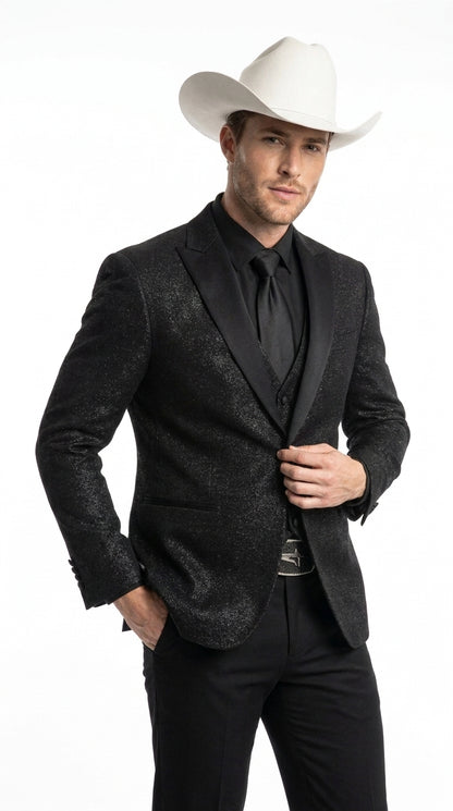 Men’s Black Western Tuxedo Blazer – Shimmer Cowboy Dinner Jacket Shiny Sparkely