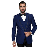 3-Piece Tailored Fit Wool Suit with Bow Tie and Flat Front Pants - Navy